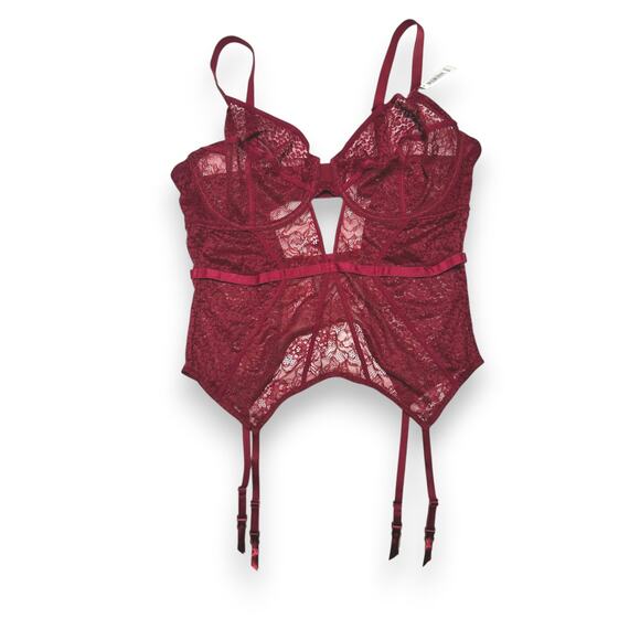 NWT Adore Me Burgundy Lace Bustier Corset With Garters Size 38DDD - Picture 2 of 11